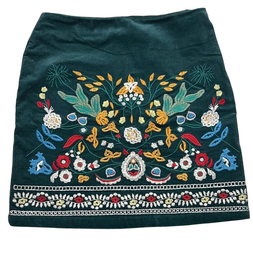 Simplee Dark Green Corduroy Embroidered Floral Mini‎ Skirt Boho Folk Size M